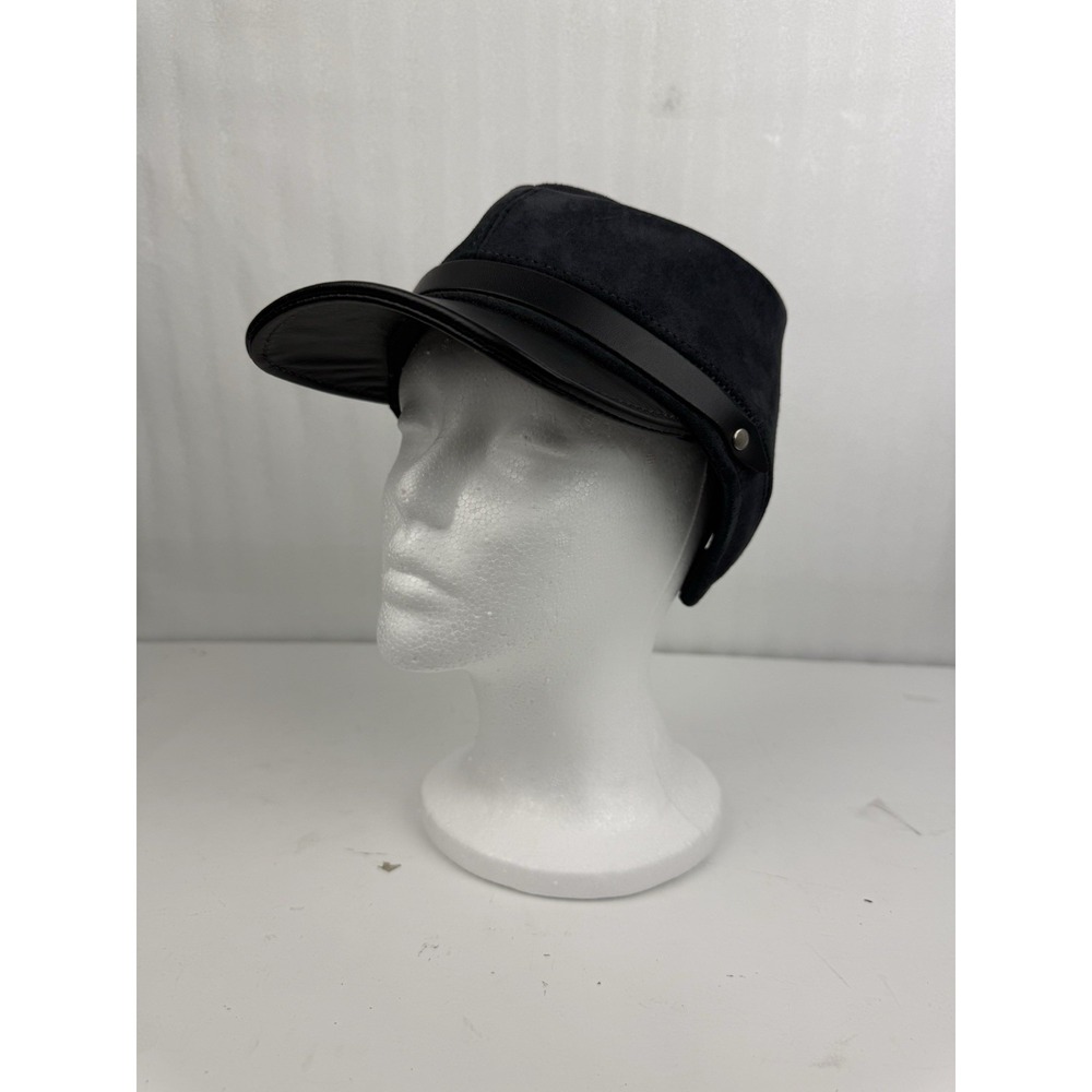 Vintage Made in USA Leather & Suede Cadet Cap Black Military Style Biker Hat OS
